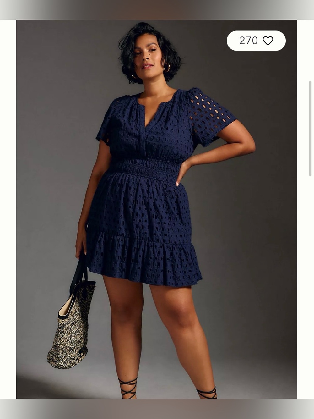Smocked Waist Navy Eyelet Mini Dress